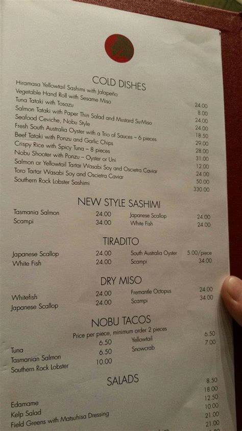 Menu at Nobu restaurant, Southbank, Crown Riverwalk.
